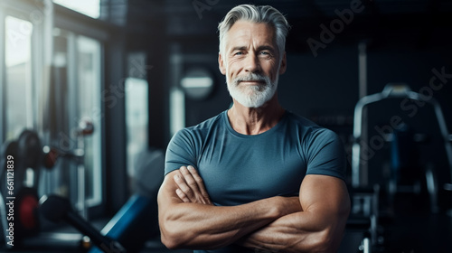 copy space  stockphoto  Portrait of senior man working out gym fitness  fitness concept. Elderly man in good shape and good health. Active elderly man. Healthy people. Good life insurance. 