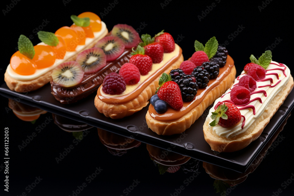 a set of eclairs with different sauce , chocolate, fruit, berry a set of eclairs with different sauce , chocolate, fruit, berry