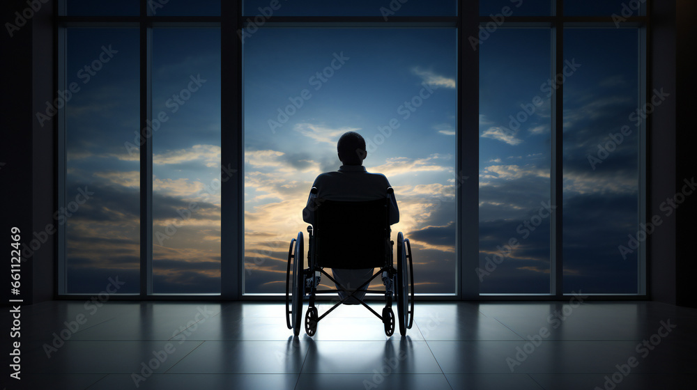 silhouette of a person in a wheelchair looking through a big window at sky silhouette of a person in a wheelchair looking through a big window at sky