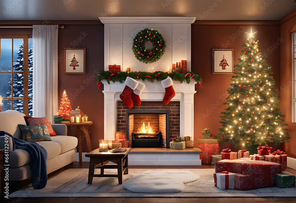 A cozy living room adorned with twinkling lights, a beautifully decorated Christmas tree, and a family sharing joyful moments.