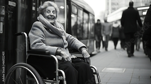 smiling and happy elderly person in wheelchair