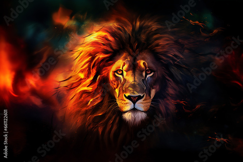 Lion. Head of Lion with a fiery mane. The majestic King of beasts with a flaming   blazing mane. Regal and powerful. Wild animal. Fire background. Isolated on black. Print. 3D illustration. Ai