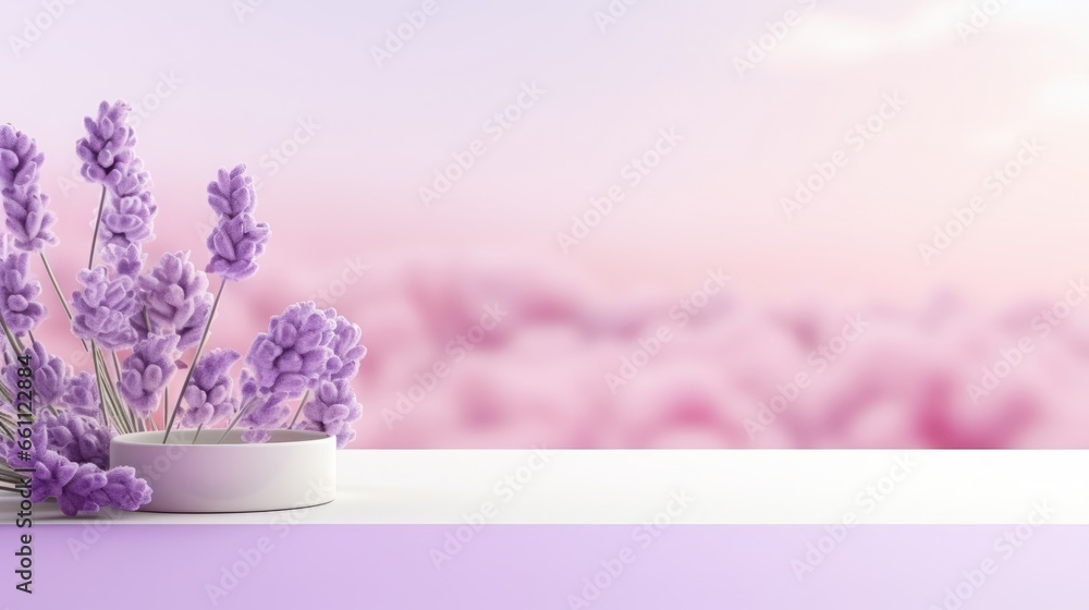 Obraz premium Lavender podium flower background purple product nature platform stand summer 3d table. Cosmetic podium lilac abstract field studio beauty flower spring lavender floral display plant backdrop crystal.