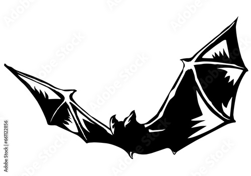 Black bat vector illustration. Halloween bat flying silhouette. Simple bat cartoon icon. Wildlife design element isolated on transparent background