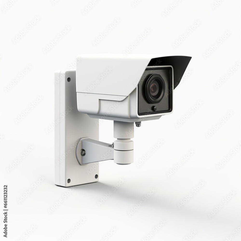 A white security camera mounted on a wall