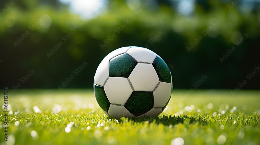 Naklejka premium Close up of a Soccer Ball with white and green Patterns. Blurred Football Pitch Background