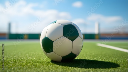 Close up of a Soccer Ball with white and green Patterns. Blurred Football Pitch Background © drdigitaldesign