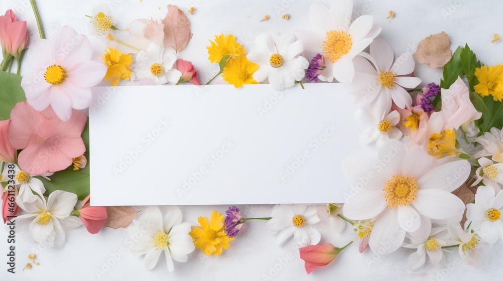 white card with flowers all around