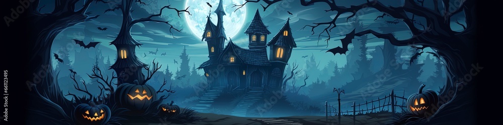 Spooky old wooden haunted house and full moon in scary dark forest.