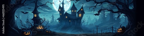 Spooky old wooden haunted house and full moon in scary dark forest. © W&S Stock