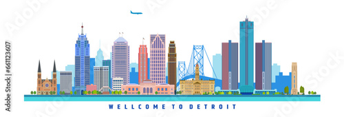 Famous buildings of the city of Detroit  vector illustration on travel theme  United States of America
