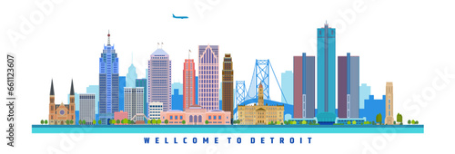 Famous buildings of the city of Detroit, vector illustration on travel theme, United States of America