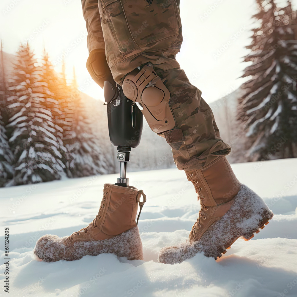 military man with prosthetic leg on winter background. ai generative - obrazy, fototapety, plakaty 