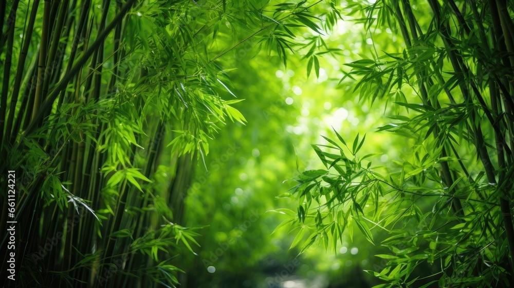 Fototapeta premium Into the Jungle: Experience the lush greenery of a bamboo grove from a low angle view, where towering trees create a serene canopy