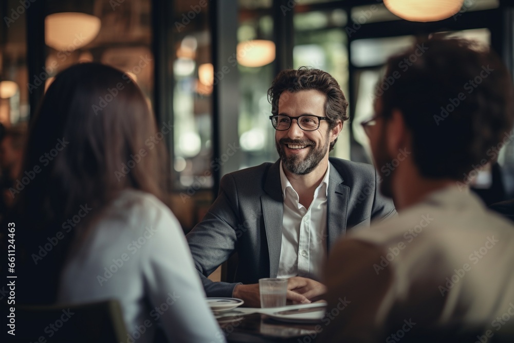 Two young business person discussing something in the cafe