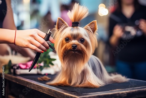 Yorkshire terrier in a dog grooming salon