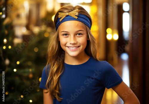 Blue and gold portrait of a handsome smiling teenager girl with headband. Christmas time. AI generated