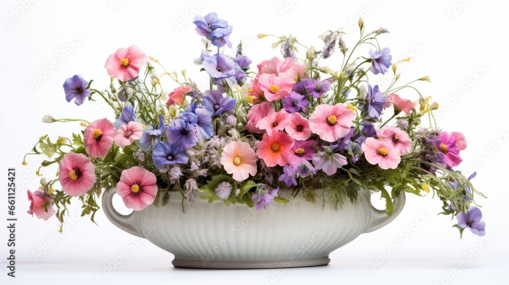 flowers in a ceramic flowerpot isolated