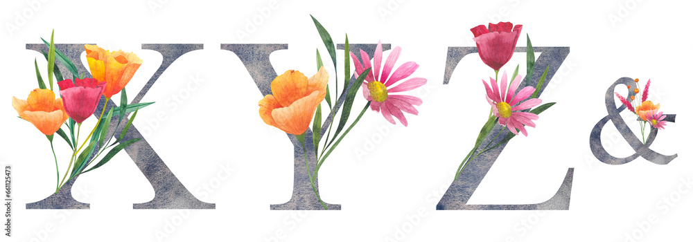 Set of letters X Y Z with watercolor wildflowers. Floral alphabet, isolated with botanical bouquet. monogram initials perfectly for wedding invitation, birthday, greeting card and other design Set of letters X Y Z with watercolor wildflowers. Floral alphabet, isolated with botanical bouquet. monogram initials perfectly for wedding invitation, birthday, greeting card and other design