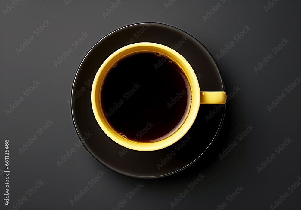 Black coffee cup and saucer on a dark background. Minimalist concept. Viewed from above. AI generated