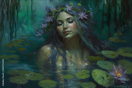 the lady of the lake floating in a luscious swamp Lilies and garlands or flowers in her hair Drifting peacefully eyes closed Cerulean colour palette purples and greens natural desaturated Oil 