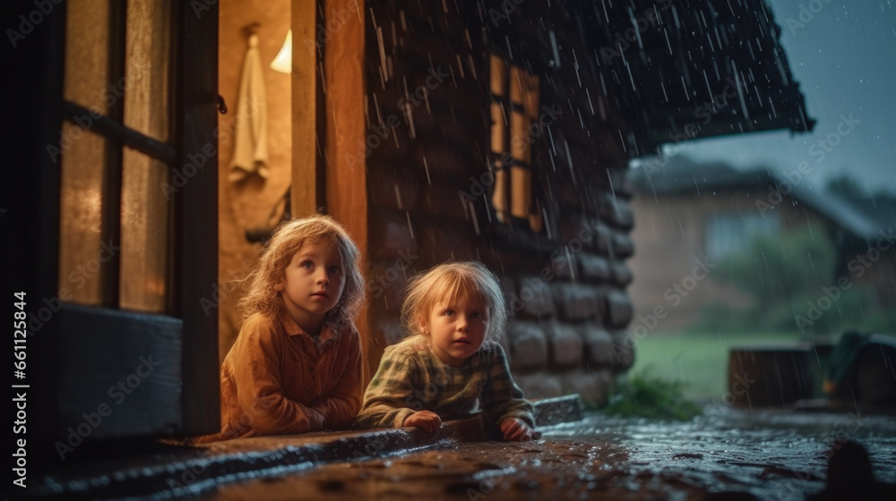 Two children sitting in front of a cabin in the rain.