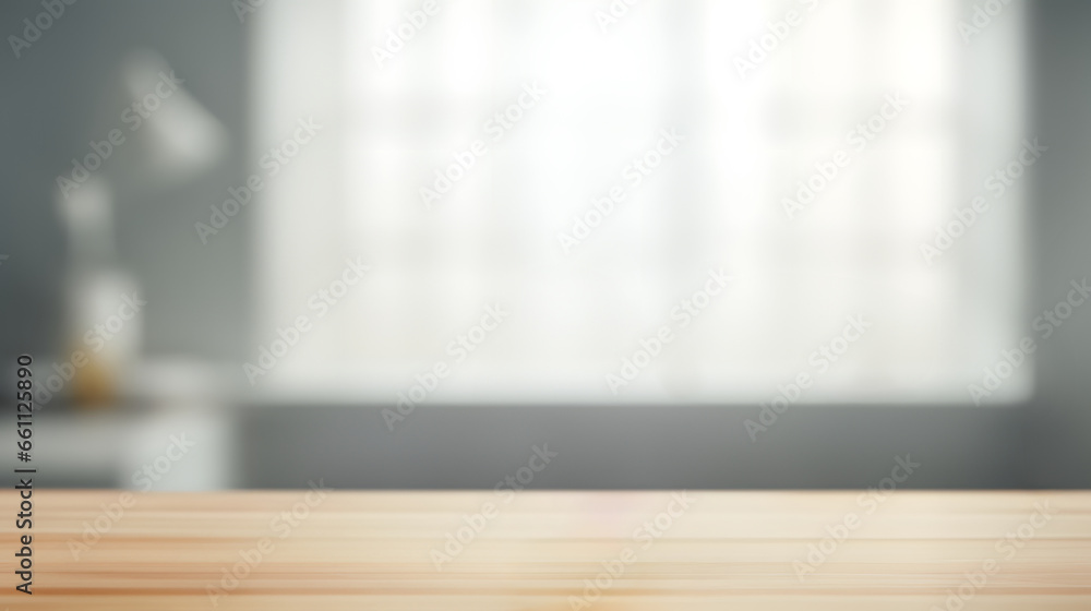 Blank empty space, wood kitchen counter top, white wall background.Generative AI Blank empty space, wood kitchen counter top, white wall background.Generative AI