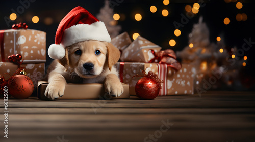 Cute puppy Labrador Retriever dog with red Christmas Santa hat. Generative AI.