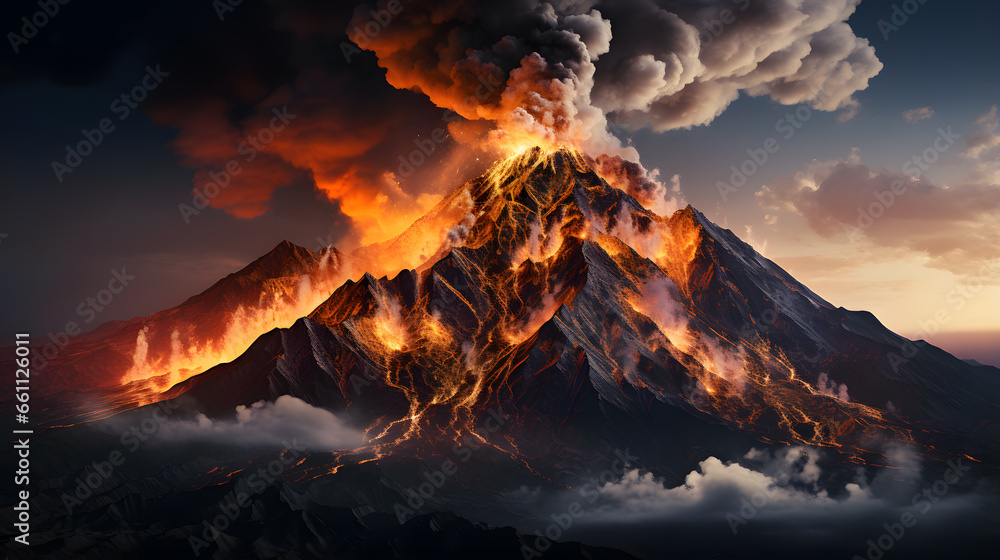 Nature fury is on full display in volcanic eruption, explosion. Generative AI.