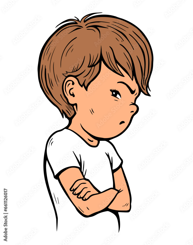 Offended little boy. Stubborn pose. Dissatisfied and naughty child. Cartoon vector illustration isolated on white background. Hand drawn line Offended little boy. Stubborn pose. Dissatisfied and naughty child. Cartoon vector illustration isolated on white background. Hand drawn line