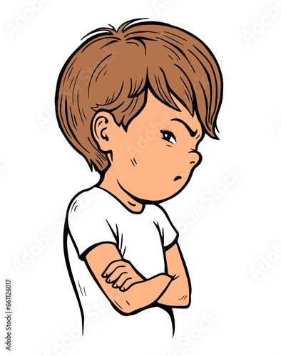 Offended little boy. Stubborn pose. Dissatisfied and naughty child. Cartoon vector illustration isolated on white background. Hand drawn line