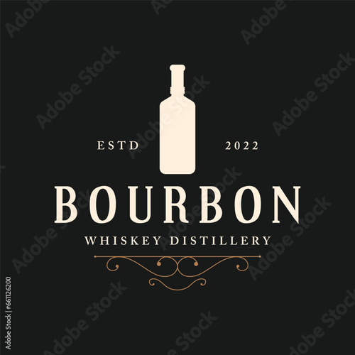 Bourbon whiskey logo design with luxury retro vintage decoration. for labels, badges, bars, restaurants.