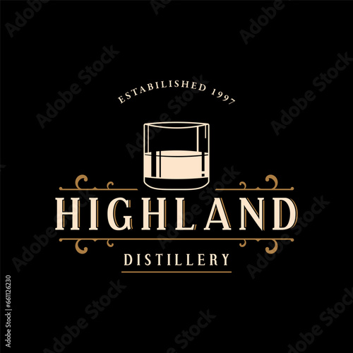 Bourbon whiskey logo design with luxury retro vintage decoration. for labels, badges, bars, restaurants.