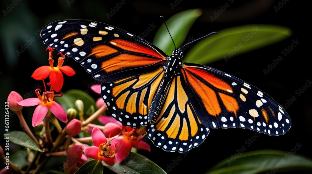 Experience the wonder of nature as a Monarch butterfly, adorned in orange and black, finds solace on a blossoming plant in a captivating butterfly pavilion Experience the wonder of nature as a Monarch butterfly, adorned in orange and black, finds solace on a blossoming plant in a captivating butterfly pavilion