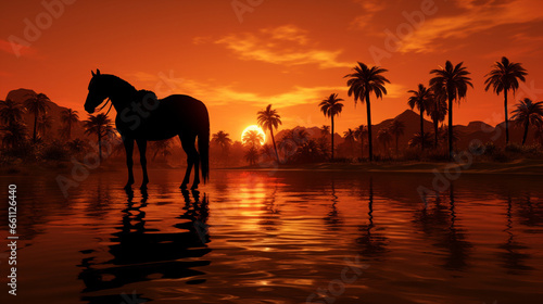 a noble horse  its coat a rich chestnut hue with a flowing mane like a cascading waterfall of flames  stands proudly by the shores of a rust-colored  desert oasis