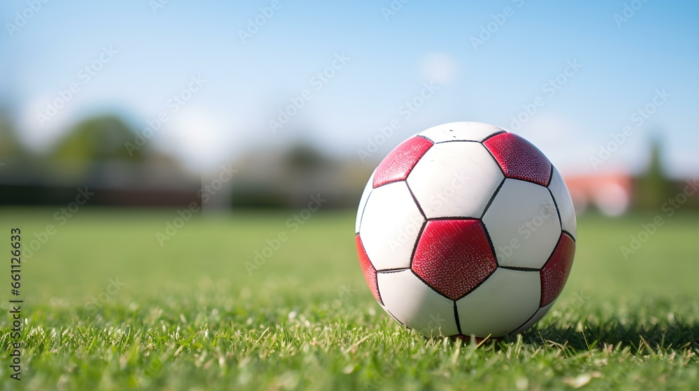 Fototapeta premium Close up of a Soccer Ball with white and red Patterns. Blurred Football Pitch Background