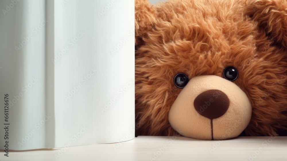 Cute brown Teddy bear toy sneak behind the door and surprise to congratulate the special day holiday festivals. game child, day care, welcome, kid day, shy childhood, party funny, generate by AI. - obrazy, fototapety, plakaty 