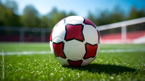 Close up of a Soccer Ball with white and red Patterns. Blurred Football Pitch Background