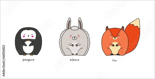 set of funny animals, alpaca, fox, penguin, doodle colorful vector illustration