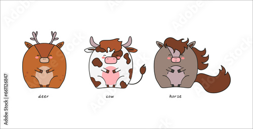 set of funny animals, elk ,deer ,cow, horse ,doodle colorful vector illustration