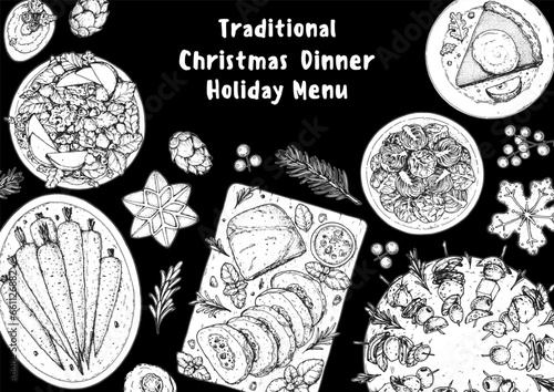 Christmas food. Christmas dinner. Holiday menu. Food design template. Engraved style background. Food and drink set. Hand drawn sketch, design template.