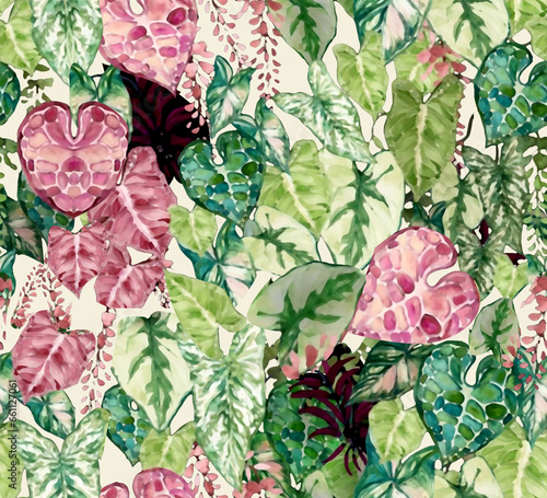 Seamless pattern created with tropical leaves and branches.Suitable for textiles and graphics.