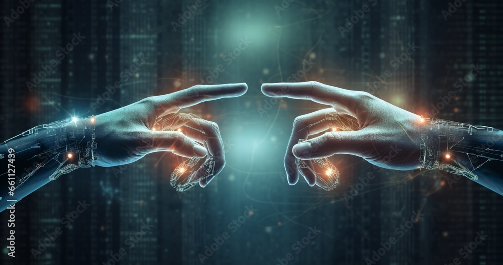 Fototapeta premium Hand of businessman touching hand artificial intelligence meaning technology connection