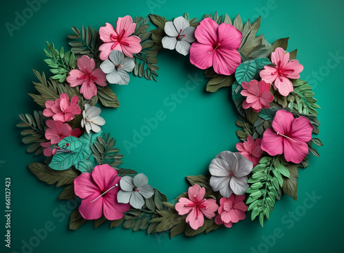 Wreath of flowers. Green background