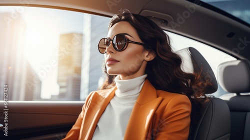 Elegance meets efficiency as a stylish woman in a winter coat and glasses manages her business affairs while on the road in her car.