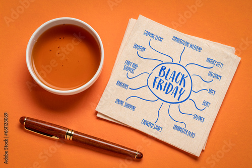 Black Friday, traditional shopping event during Thanksgiving weekend - infographics or mind map sketch on a napkin with tea