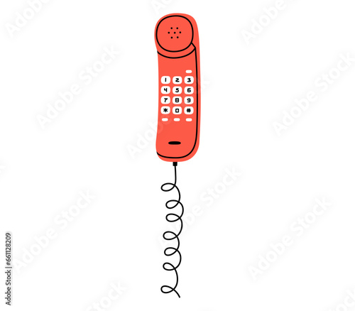 Hand drawn cute cartoon illustration of phone handset with buttons. Flat vector telephone receiver sticker in simple colored doodle style. Call device icon or print. Isolated on white background.