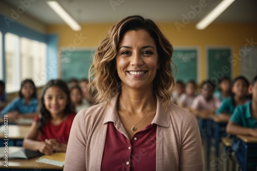 Portrait of experienced female teacher in an elementary school classroom. She's smiling and looking at the camera while students are learning in the background.