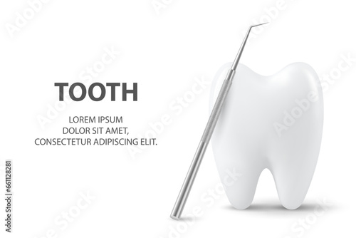 Vector 3d Realistic Tooth and Dental Probe for Teeth Closeup Isolated on White Background. Medical Dentist Tool. Design Template, Clipart, Mockup. Dentistry, Healthcare, Hygiene Concept