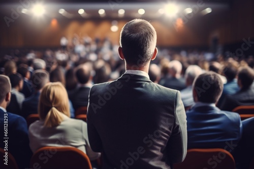 Rear side of audiences sitting and listening the speackers on the stage